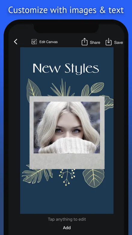 Editor customizing a dark navy “New Styles” template with gold leaf line art and a photo of a blonde woman in a white knit sweater, with Edit Canvas, Share and Save buttons and a “Tap anything to edit” hint